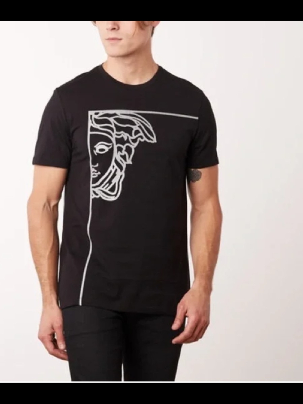 Versace Black Short-Sleeve Tee with Silver Line Art Medusa